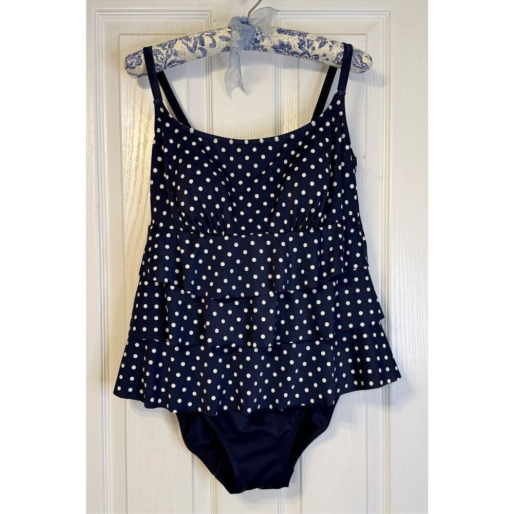 Inches Away Sz 12 One Piece Swimsuit Navy & White Polka Dot Ruffle Top & Solid B